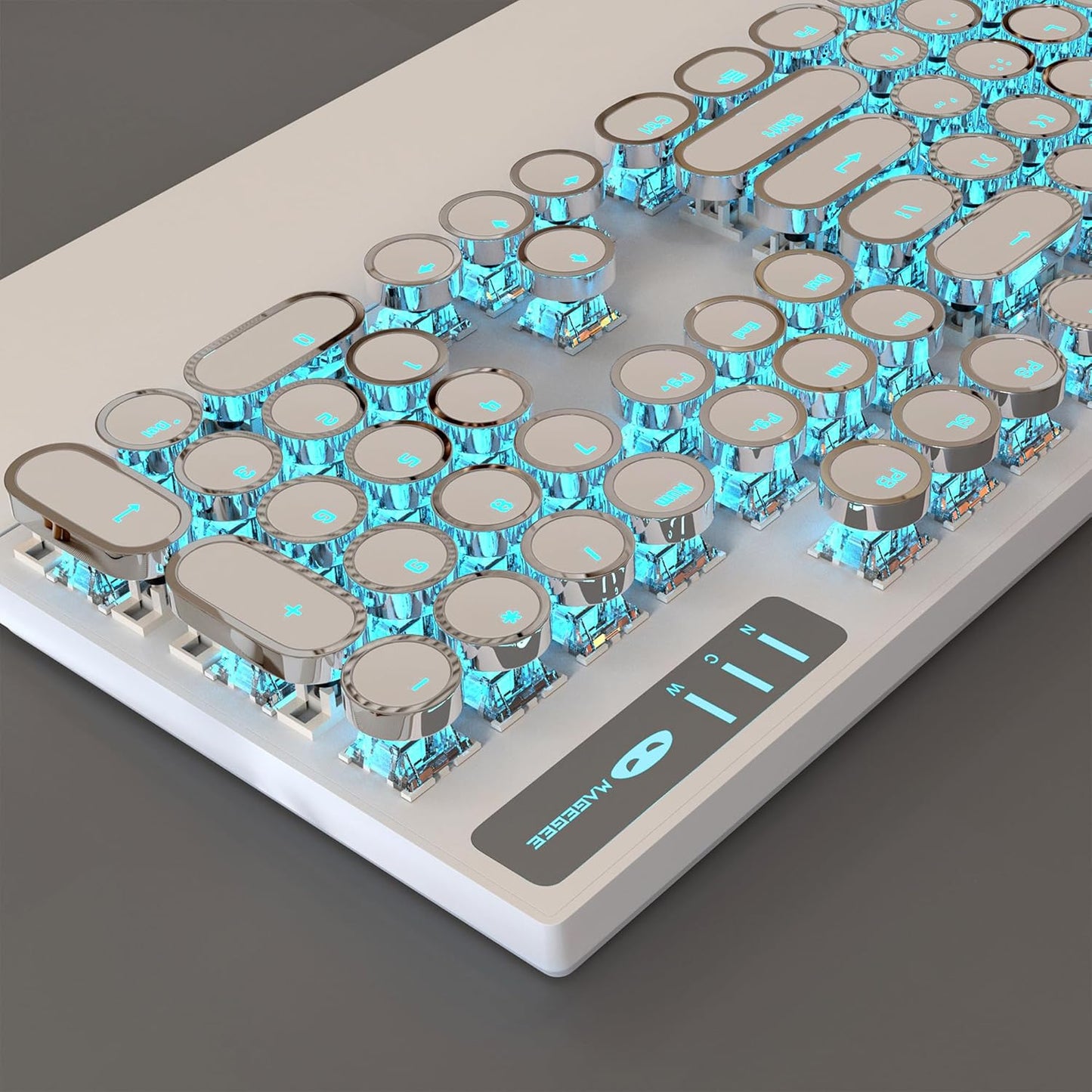 MageGee Typewriter Mechanical Gaming Keyboard, Retro Punk White Round Keycaps, 104 Keys LED Blue Backlit Wired Keyboards for Laptop MAC PC Gamer, with Magnetic Wrist Rest, Blue Switch