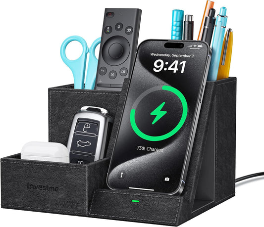 Wireless Charger with Desk Organizer, Pen Pencil Holder, Multifunctional Desktop Organizer, Office Supplies and Desk Accessories Organizer with 3 Compartments and 1 Phone Stand, PU Black