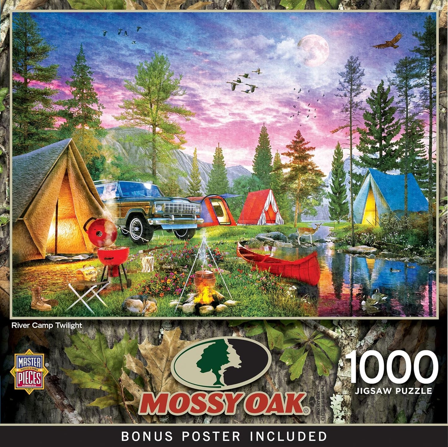 MasterPieces 1000 Piece Wildlife Jigsaw Puzzle for Adults - Mossy Oak River Camp Twilight - Camping Scene 19.25"x26.75"