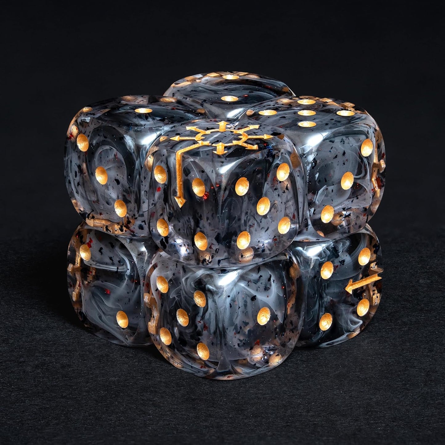 Chaos D6 Dice Set – 10 x 16mm Resin Dice with Chaos Star | Red Foil, Black Swirls & Ancient Symbol | Grimdark Dice for Wargames & TTRPGs