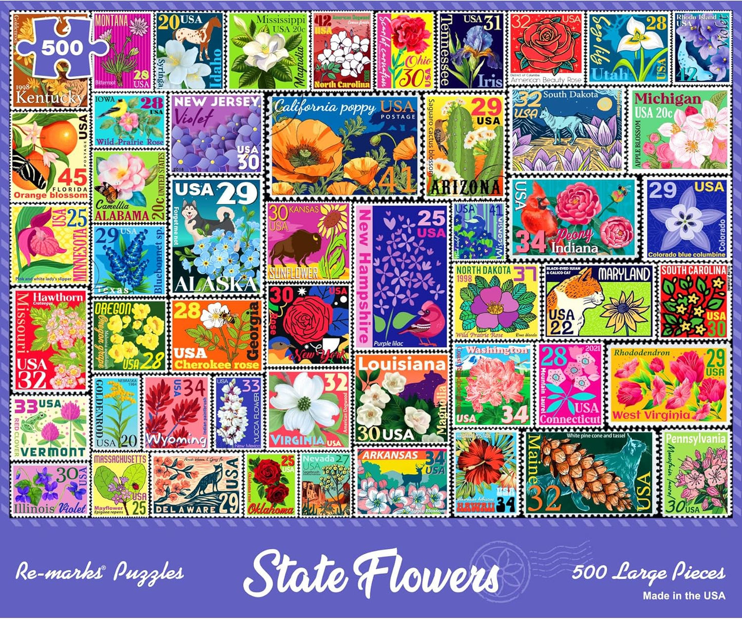 Re-marks State Flowers Stamp Collage Jigsaw Puzzle, 500 Large Piece Jigsaw Puzzle for All Ages