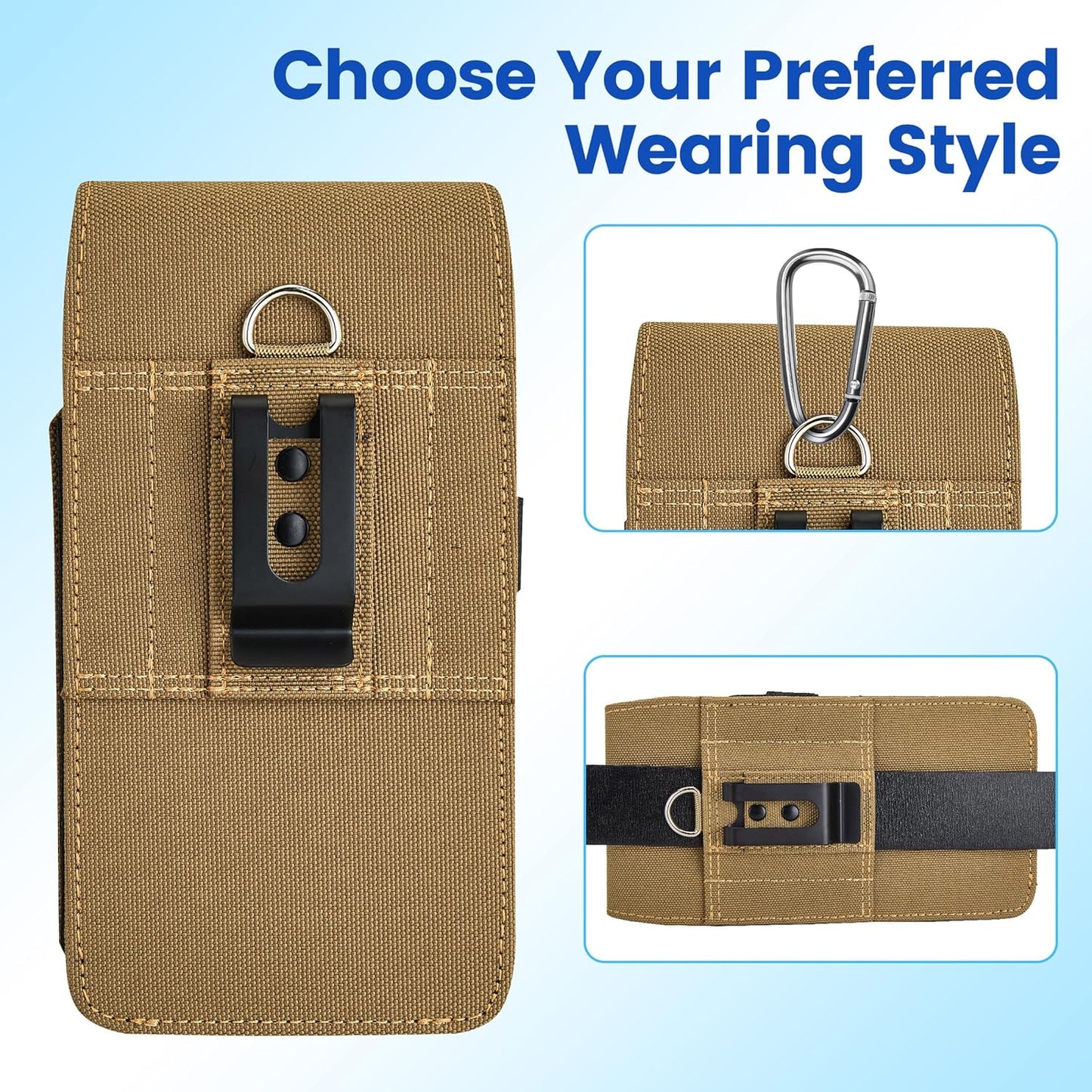 BECPLT for iPhone 17 Pro Max Air 16/15/14/13/12/11 Pro Max Nylon Cell Phone Pouch Holster Case with Belt Clip Cover Holder for Galaxy S25+ S24+ S23+ S22+ S21+ (Khaki)