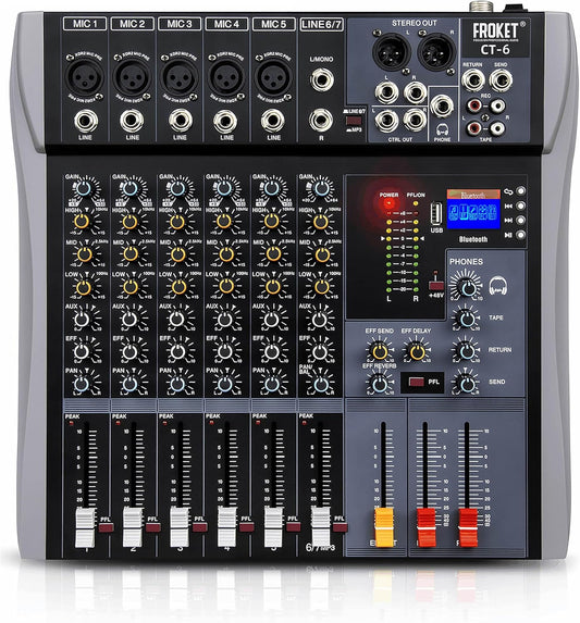Professional Audio Mixer Sound Board 6 Channel Audio Desk System Interface Digital DJ Console with Bluetooth USB Sound Audio Mixing Console for Karaoke Studio Party Recording Broadcast (CT-6)
