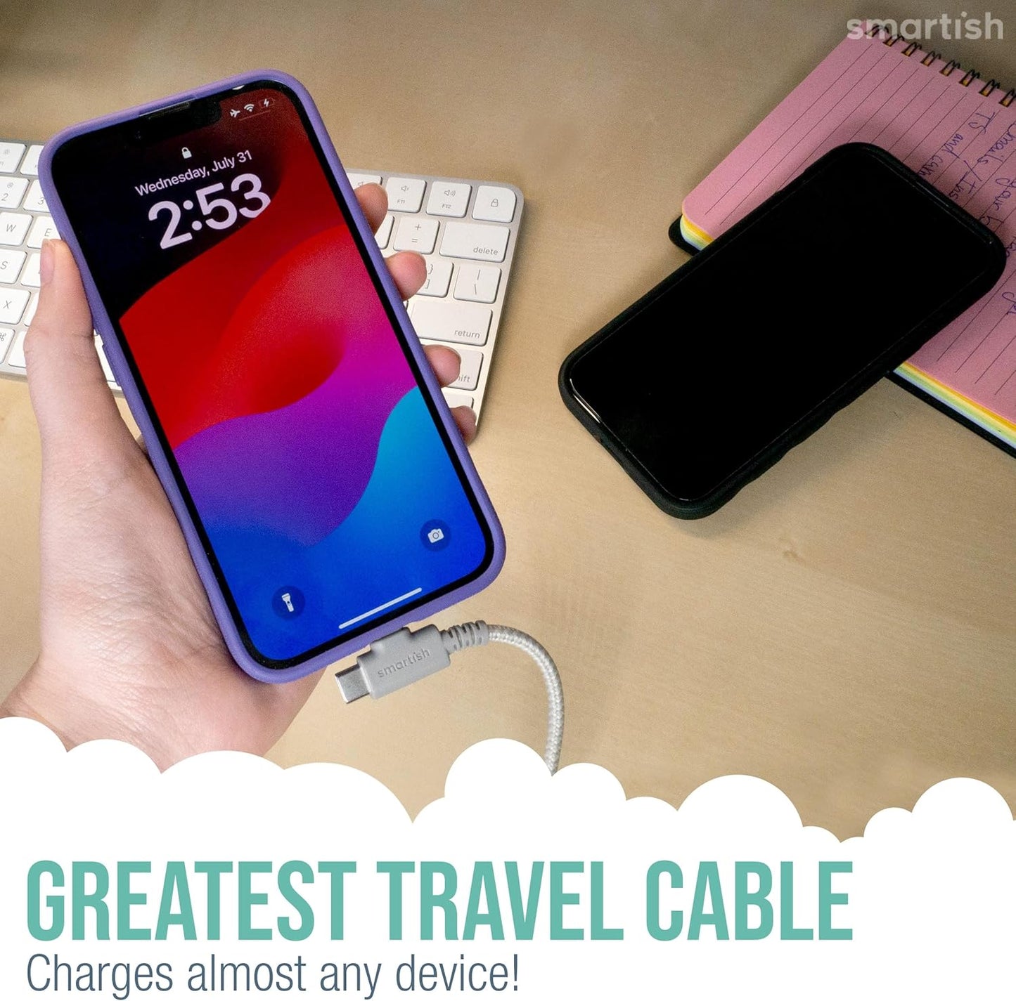 Smartish 2 in 1 USB C to USB C/Lightning Cable - Crown Joule - 6 Ft Fabric Wrapped Fast Charging Cord - for iPhone, Galaxy, Pixel - 100W Dual Fast Charger for Phones/Laptops - I'm Blushing