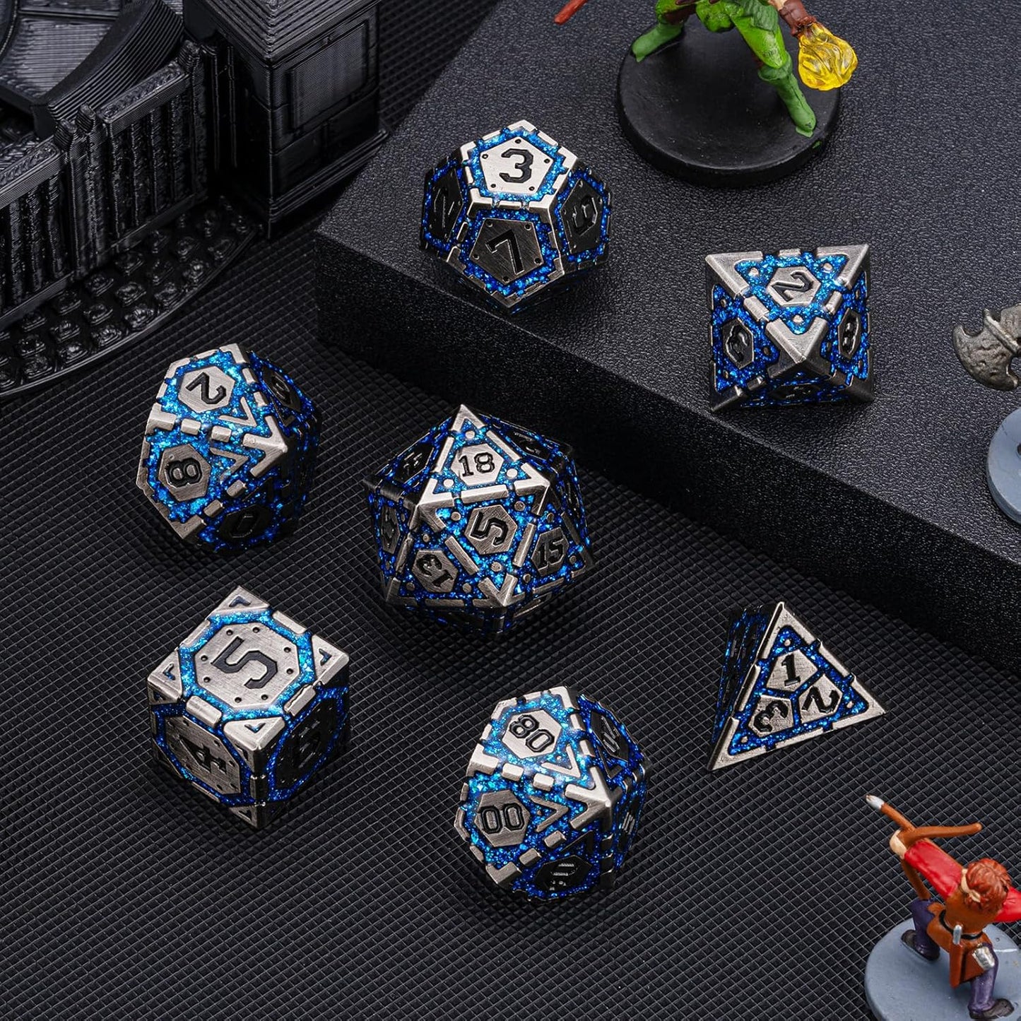 DND Metal Dice Set, Polyhedral Dice Set for RPG D&D Dice with Cracks Dungeons and Dragons Dice Set for RPG TTRPG D&D Die with Gift Case(Antique Nickel Blue)