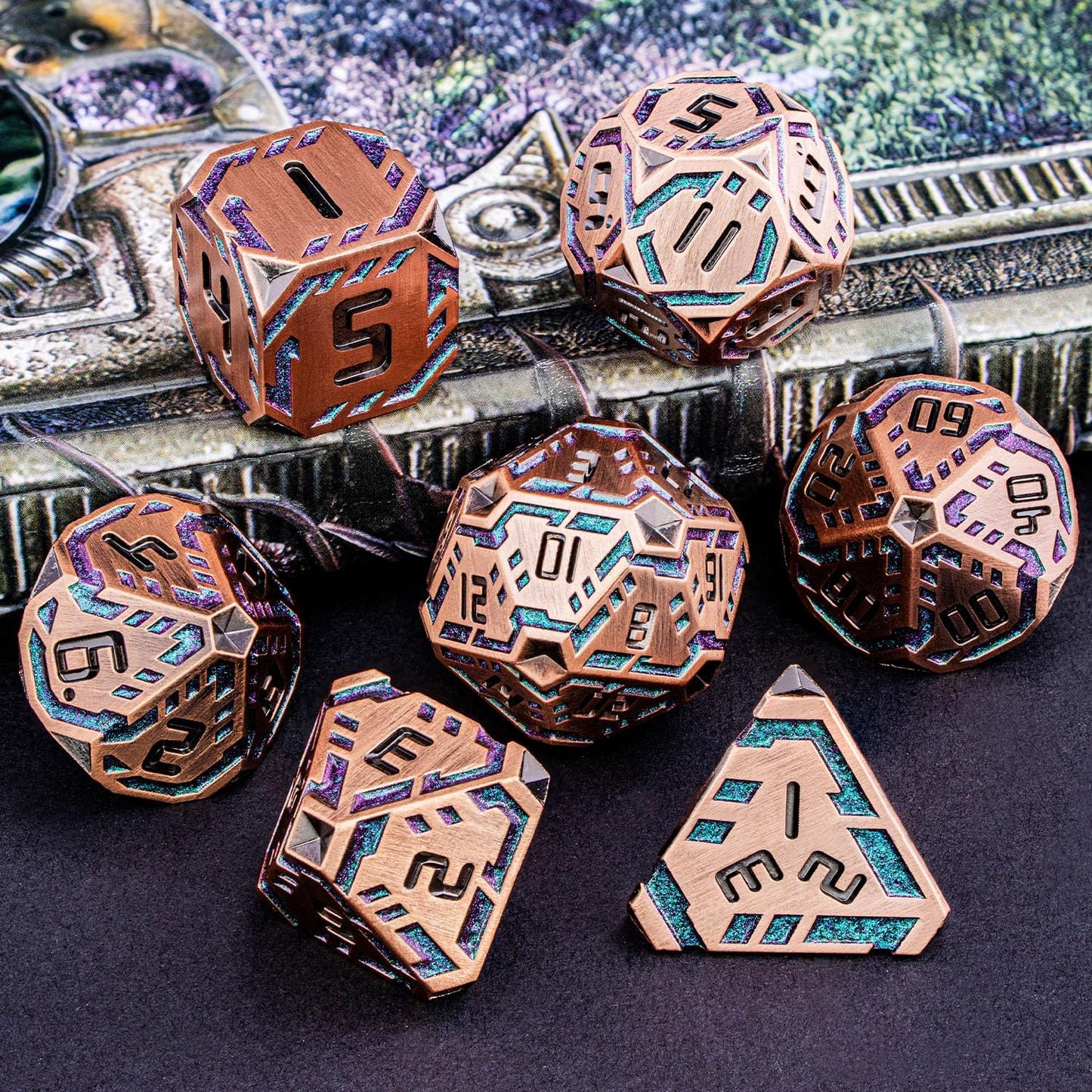 Metal DND Sci-fi Dice Set 7PCS Stripe Polyhedral Dice for Dungeons Dragons RPG Role Playing Game, Glitter D and D Dice with Gift Box D6 D8 D10 D12 D20 (Ancient Bronze&Green Purple)
