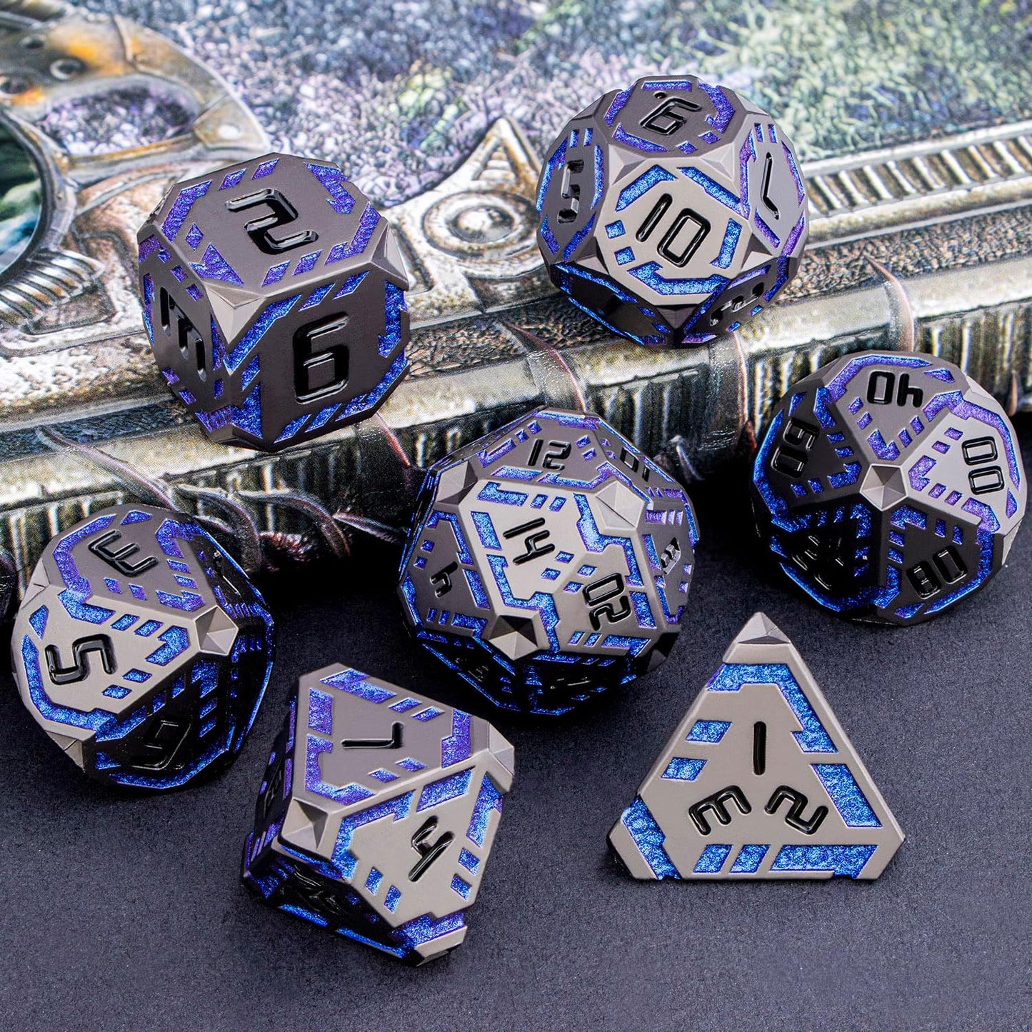 Metal DND Sci-fi Dice Set 7PCS Stripe Polyhedral Dice for Dungeons Dragons RPG Role Playing Game, Glitter D and D Dice with Gift Box D6 D8 D10 D12 D20 (Black&Blue Purple)