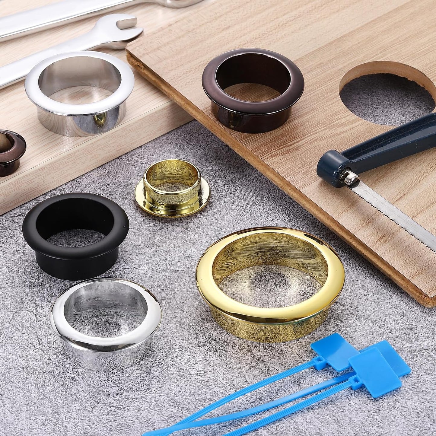 uxcell Desk Grommet, 2-3/8" (60mm) Zinc Alloy Cable Hole Cover Wire Cord Organizer with Marked Cable Ties for Home Office Desktop Wire, Black