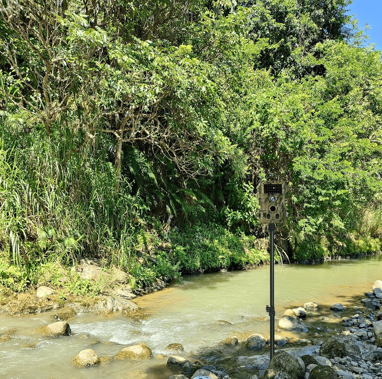 Trail Camera Mount,Height Adjustable (15.7"-28.3") & 360° Rotating Stake,Dual-Mode Base for Soft/Hard Ground Post,Game Cam Stand with 1/4"-20 Thread, Metal pole for Solar Panels,Hunting,Wildlife.2Pcs