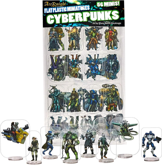 Arcknight Flat Plastic Miniatures: Cyberpunks; 56 Unique Sci-Fi-Themed Minis for Starfinder; Affordable, Skinny Figurines for SF, Shadowrun, and Other Tabletop RPG Games