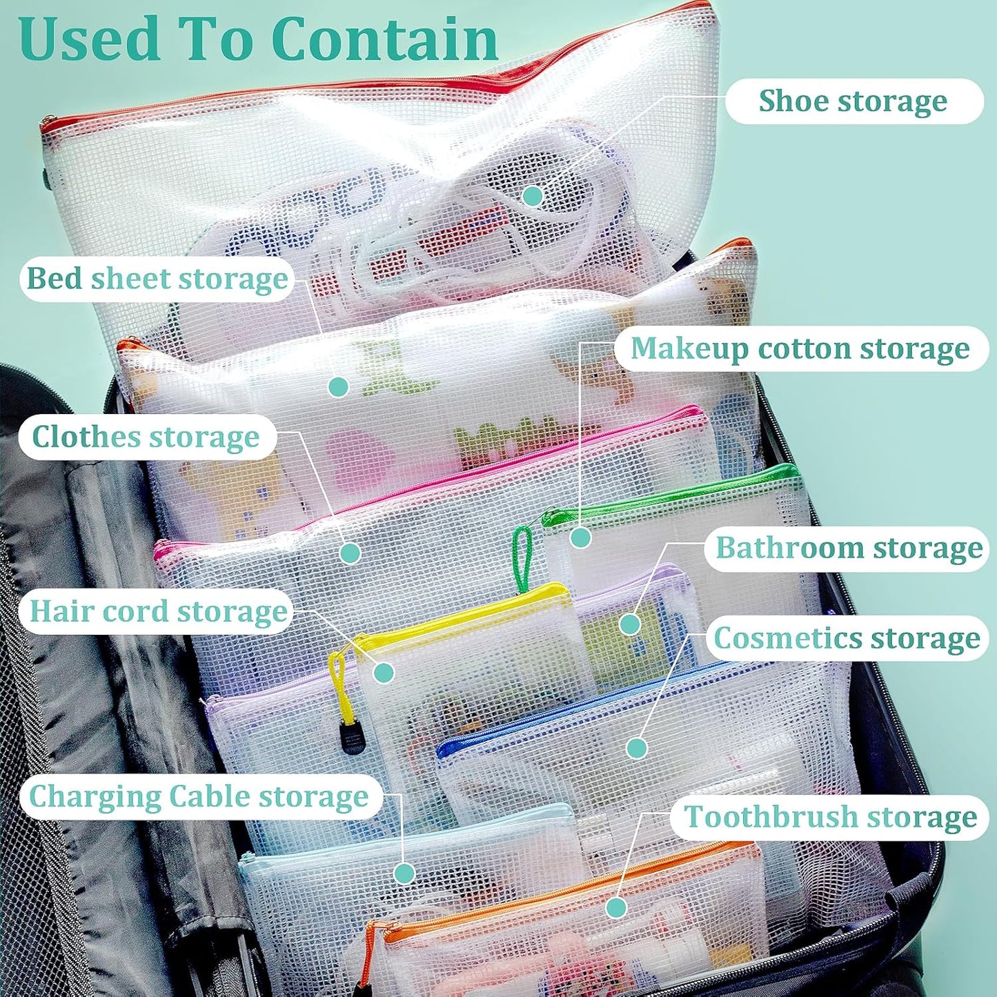 24pcs Mesh Waterproof Pouch Bags, 9 Sizes Clear Pouches, Organizer Bags With Zipper, 8 Colors for Travel & Toy Storage