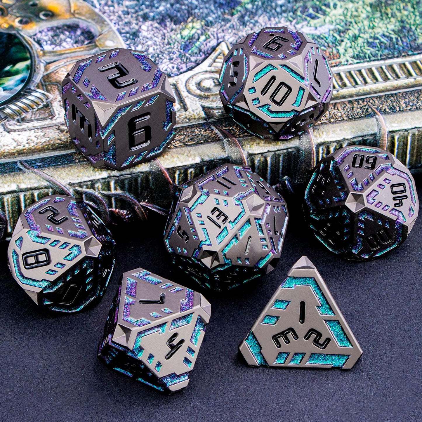 Metal DND Sci-fi Dice Set 7PCS Stripe Polyhedral Dice for Dungeons Dragons RPG Role Playing Game, Glitter D and D Dice with Gift Box D6 D8 D10 D12 D20 (Black&Green Purple)